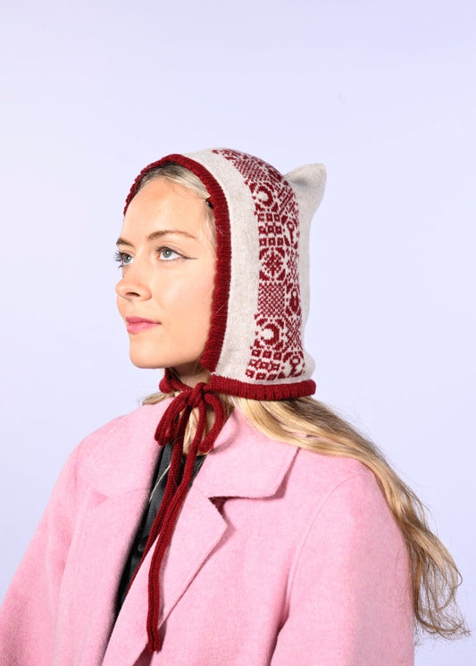 Handmade Cashmere Knitted Bonnet - “Lock and Key” Pixie Hood in Burgundy and Cream