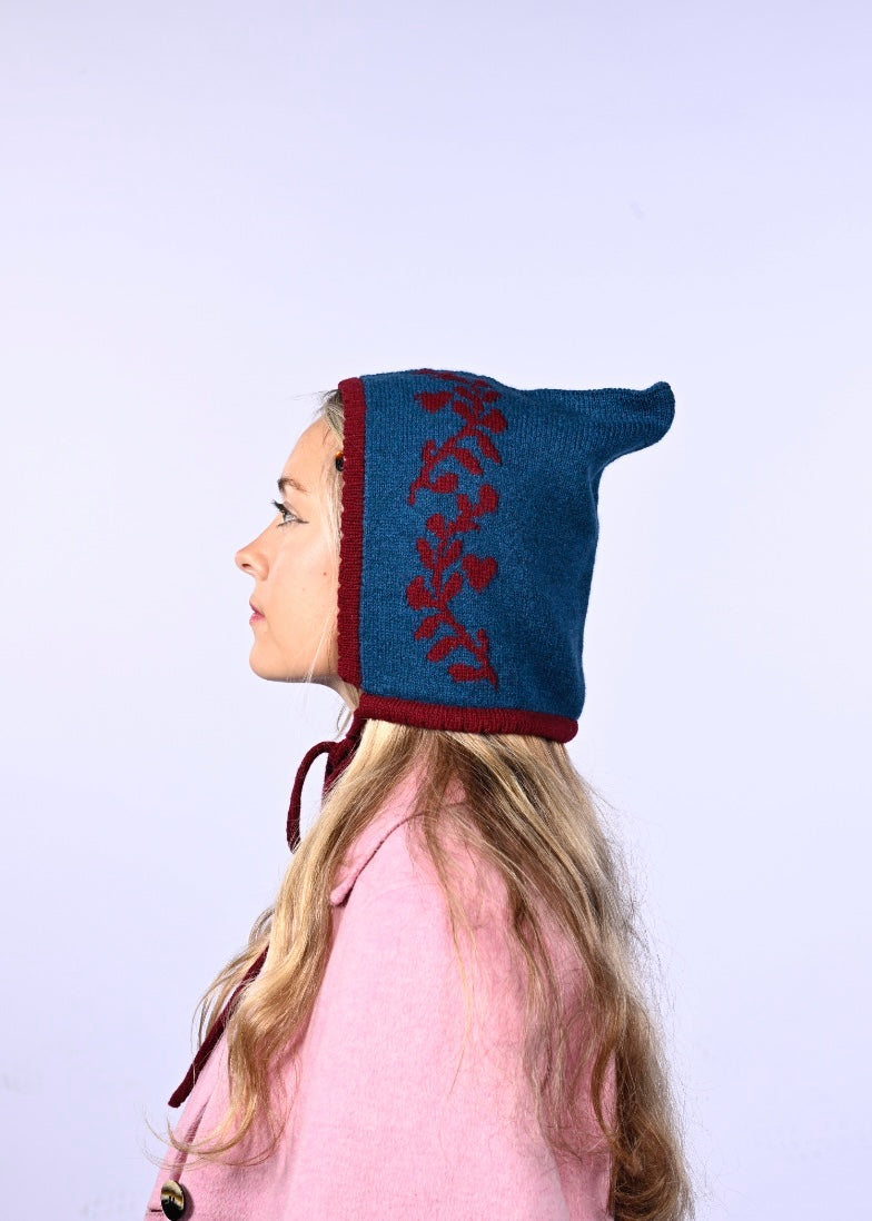 Cashmere Knitted Bonnet - Laurel leaf Pixie Hood in Blue and Burgundy