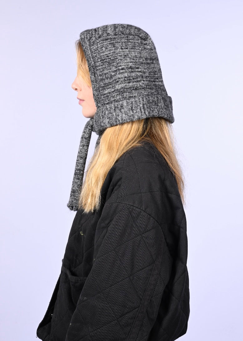 Mohair Knitted Hood - Striped Bow Bonnet in Black