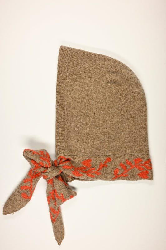 Lambswool Knitted Hood Bonnet - Laurel Leaf Hood in Orange and Tan