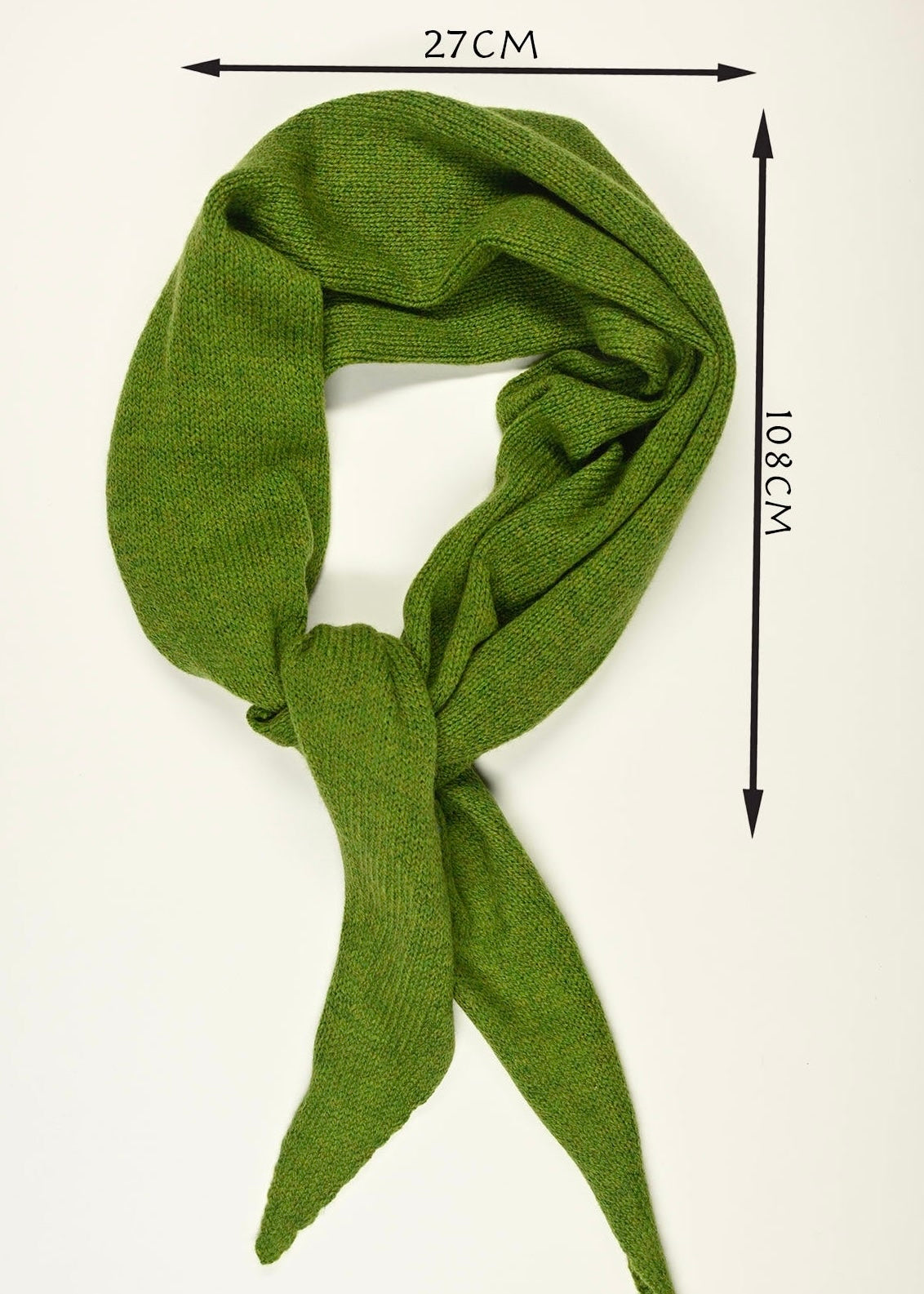 Green knitted scarf with measurements (27cm wide by 108cm long) on a white background
