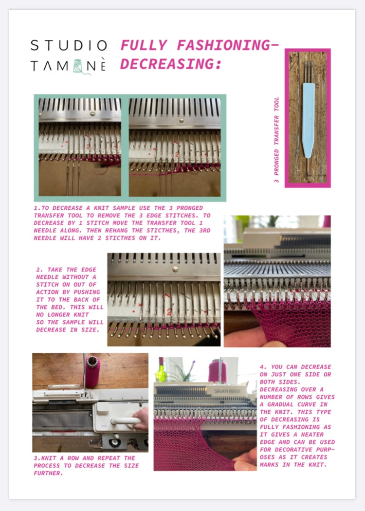 Instructions for decreasing a knit sample using a knitting machine with text and images.