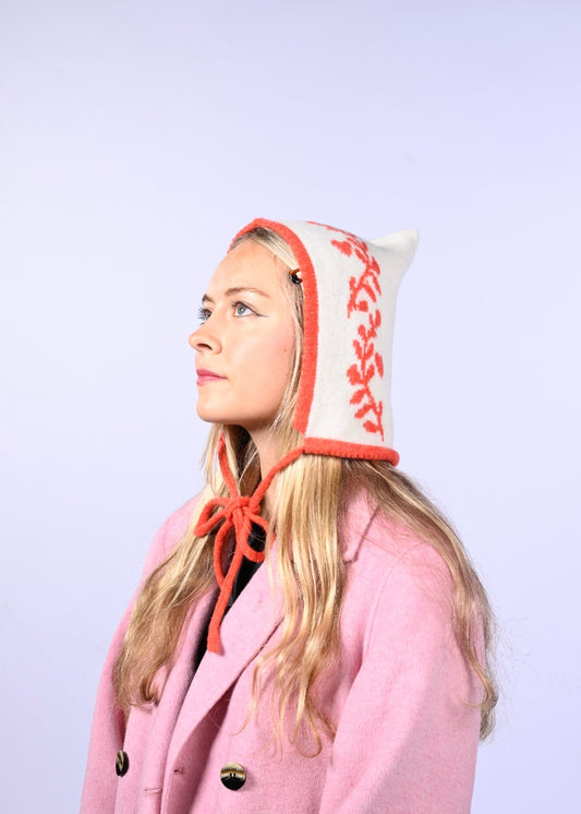 Cashmere Knitted Bonnet - Laurel leaf Pixie Hood in Orange and Cream