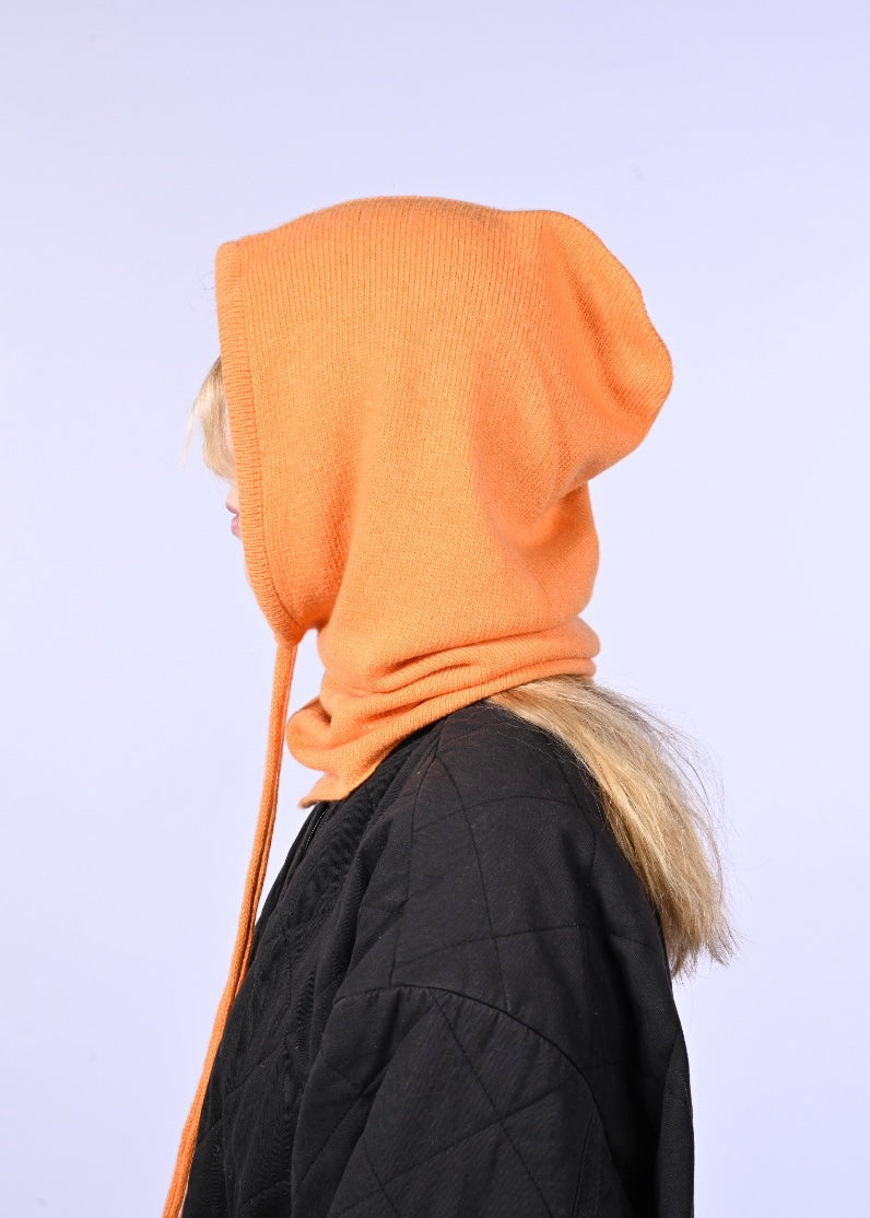 Cashmere Knitted Hood - Balaclava in Clementine