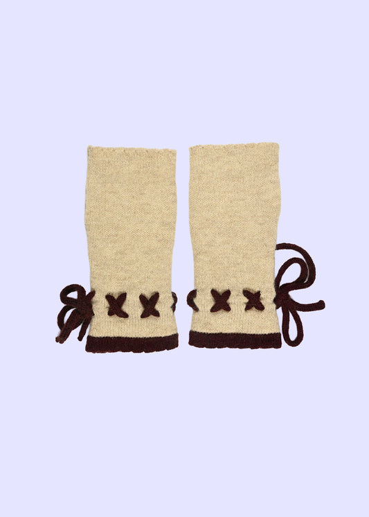 Cashmere Knitted Wrist Warmers - Fingerless Gloves in Burgundy and Cream