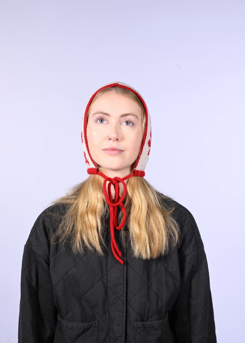 Cashmere Knitted Bonnet - Laurel leaf Pixie Hood in Red and Cream