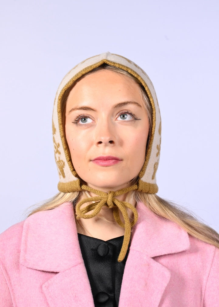 Cashmere Knitted Bonnet - “Queen of Pentacles” Pixie Hood in Golden Olive