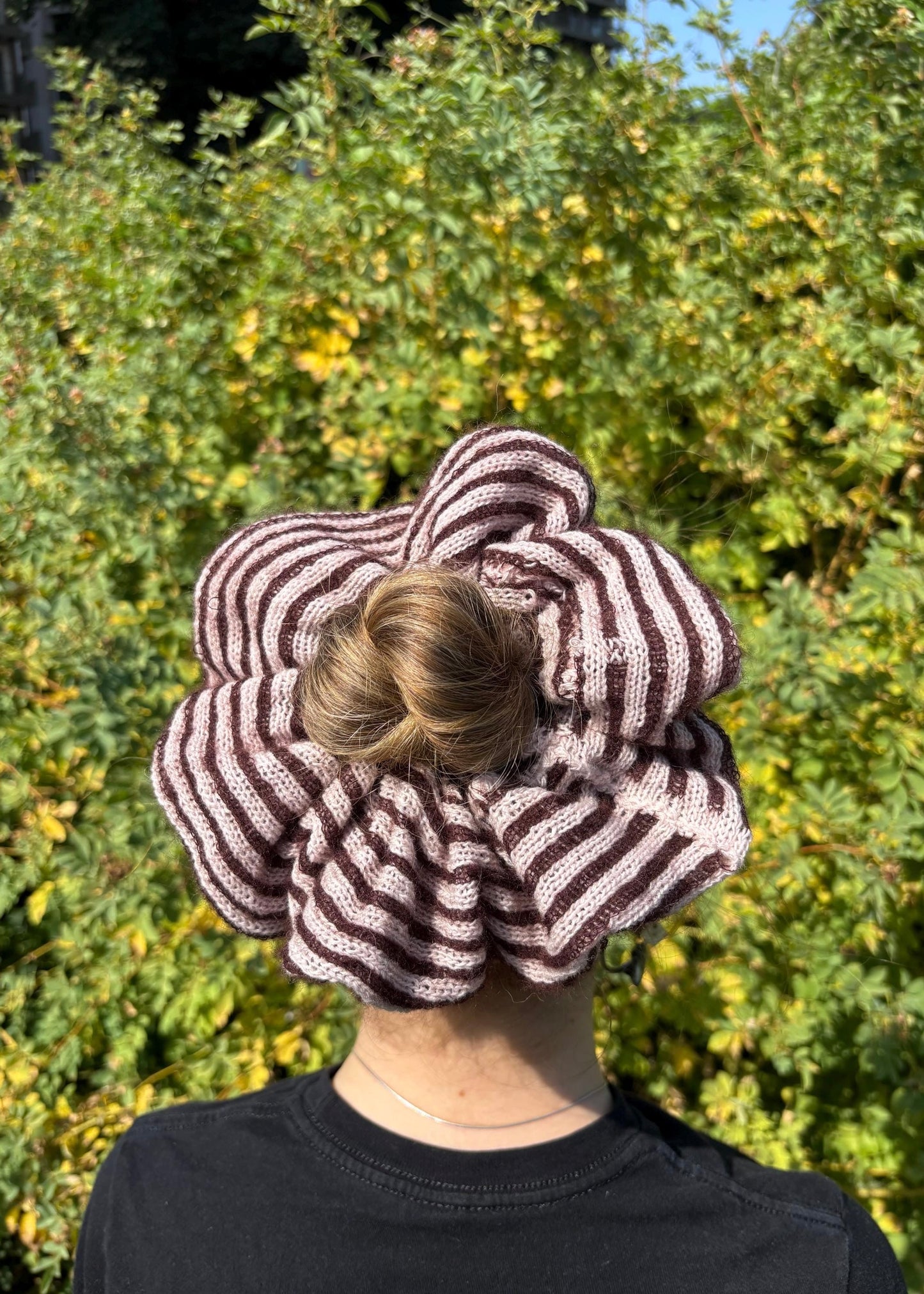 Mohair and Cashmere Knitted Scrunchie - Striped Hair Tie in Plum and Pink