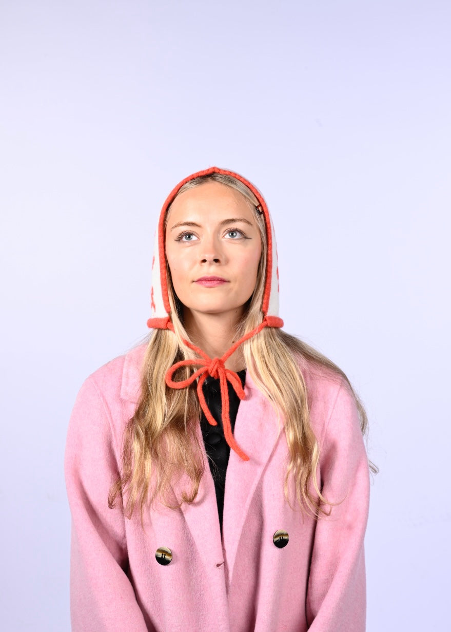 Cashmere Knitted Bonnet - Laurel leaf Pixie Hood in Orange and Cream