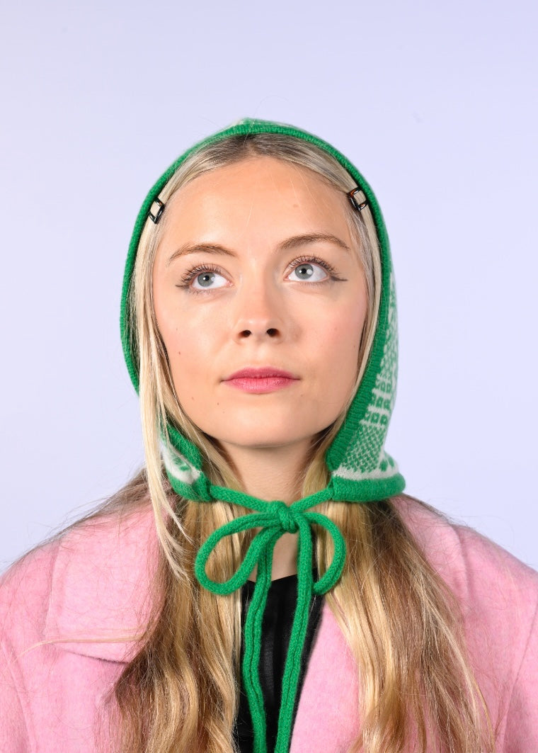 Cashmere Knitted Bonnet - The Goddess Brigid Pixie Hood in Green