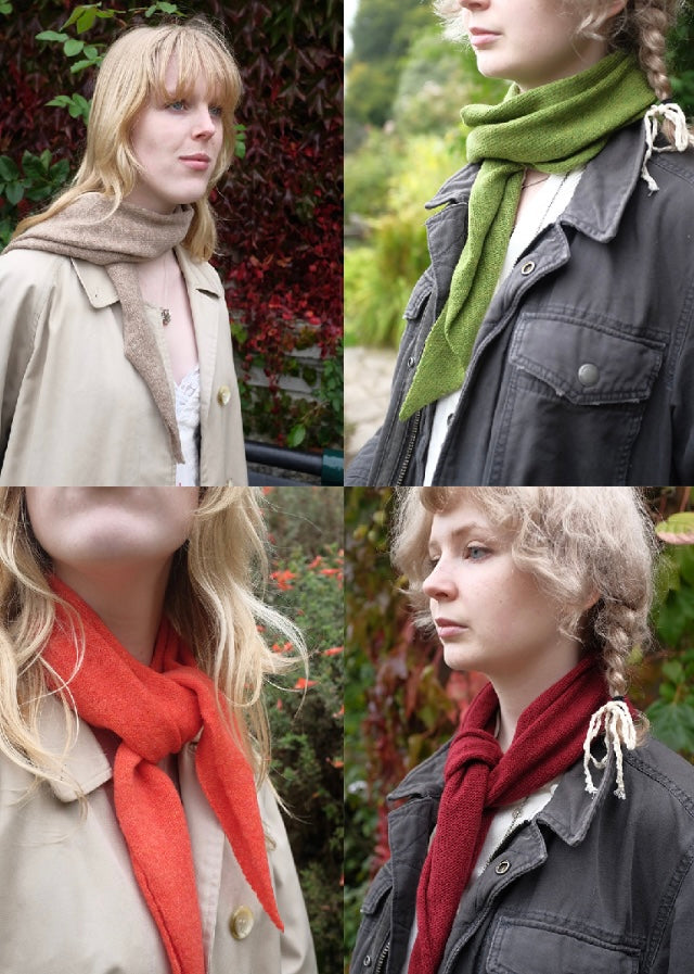 Four images of a woman wearing different colored scarves outdoors.