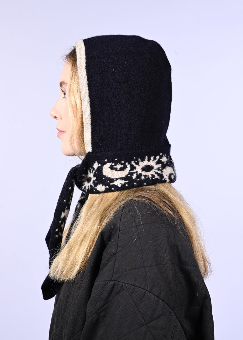 Lambswool knitted Hood - Moon and Stars Bonnet in Navy