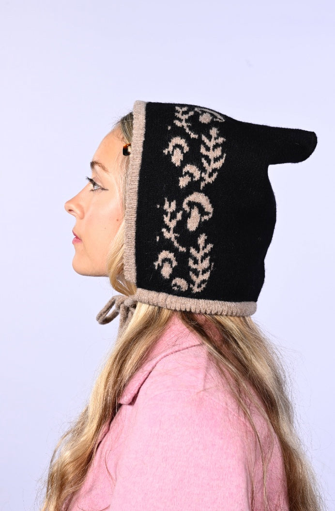 Knitted Cashmere Bonnet - “Toadstool Magic” Pixie Hood in Tan and Black