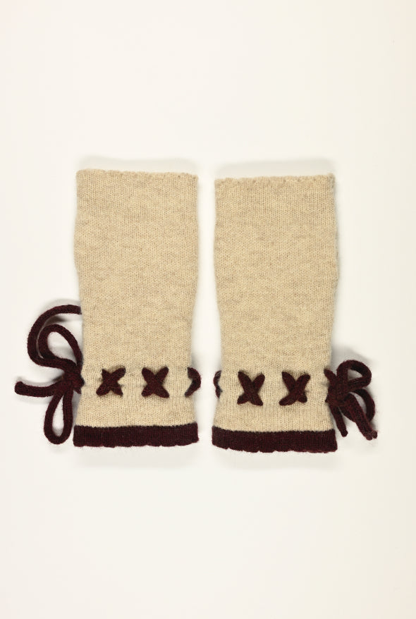 Cashmere Knitted Wrist Warmers in Plum and Cream