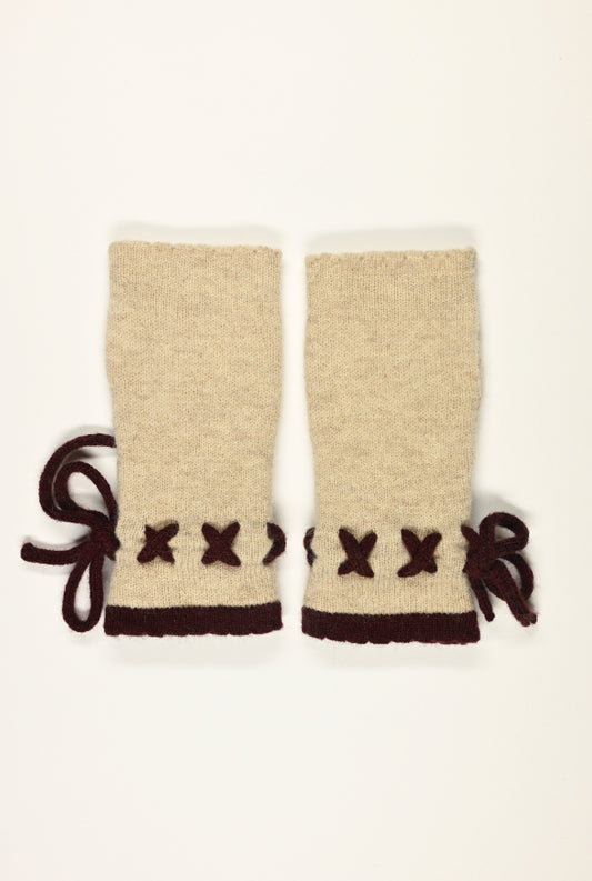 Cashmere Knitted Wrist Warmers in Plum and Cream