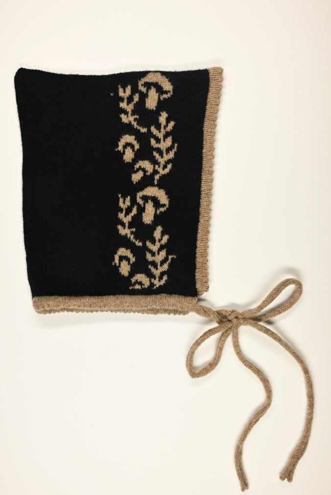 Knitted Cashmere Bonnet - Toadstool Magic Pixie Hood in Tan and Black