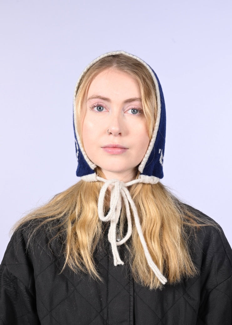 Cashmere Knitted Bonnet - Celestial Moon and Stars Pixie Hood in Navy