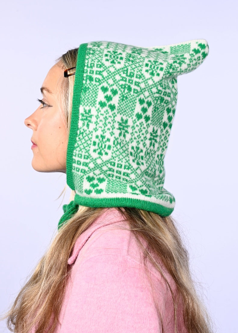 Cashmere Knitted Bonnet - The Goddess Brigid Pixie Hood in Green