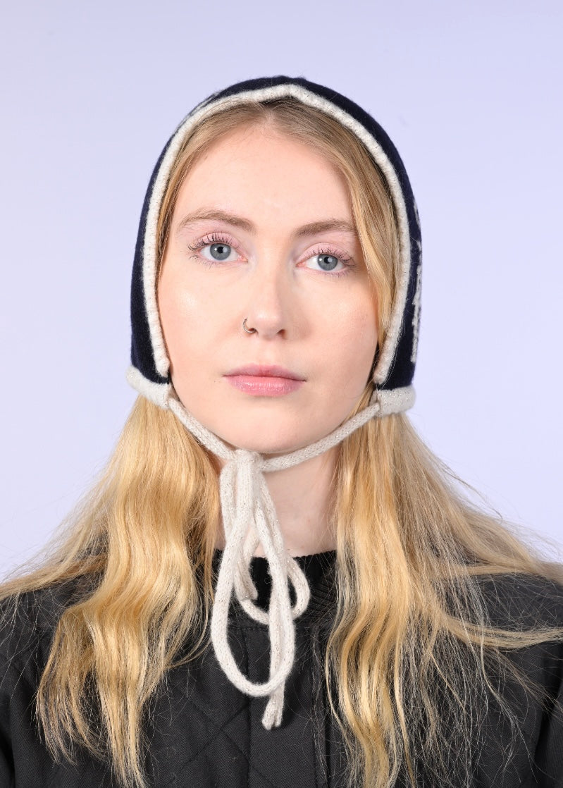 Handmade Cashmere Knitted Bonnet - “Magic Castle” Pixie Hood in Black and Cream