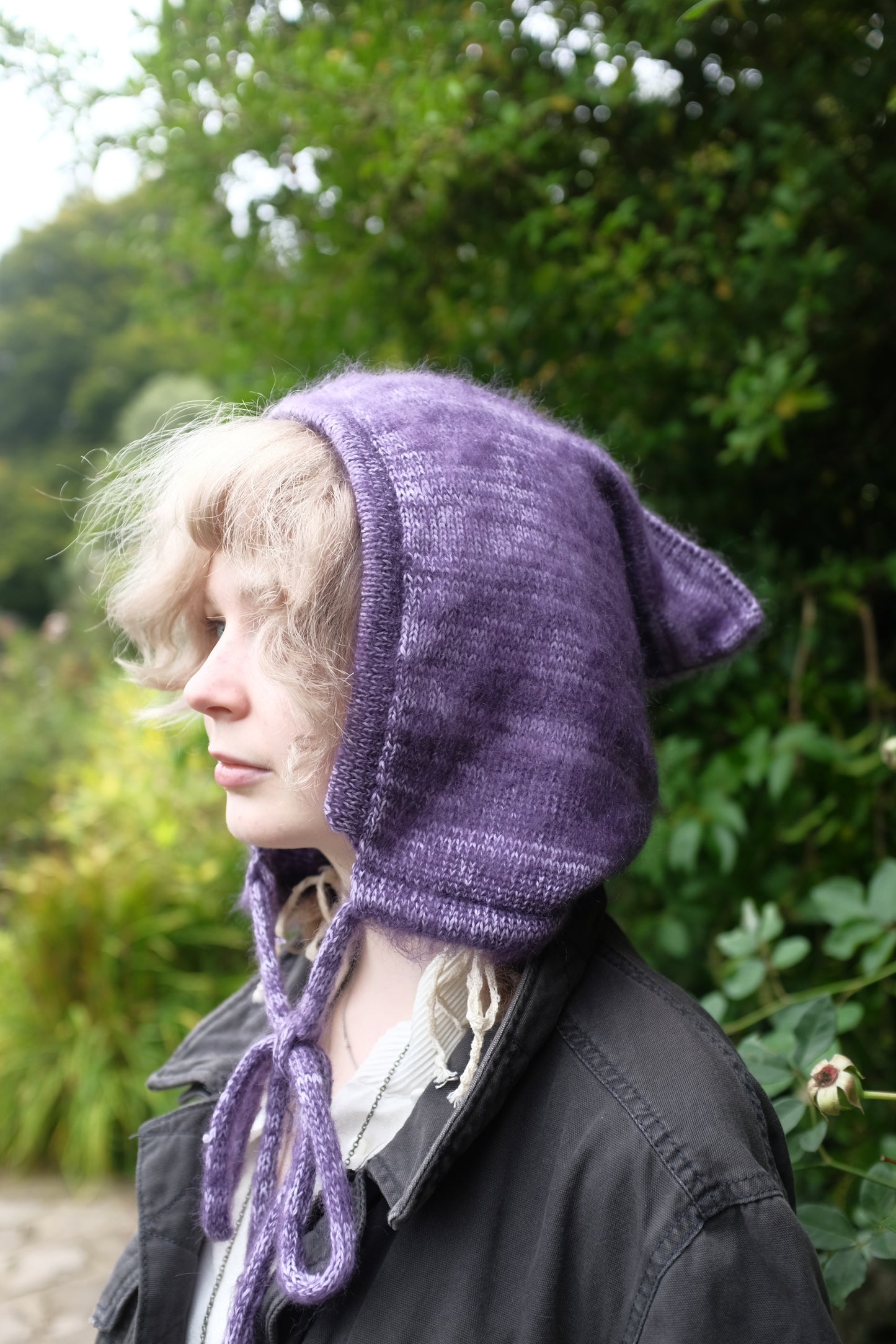 Soft Brushed Mohair Knitted Bonnet - Pixie Hood in Purple and Cream