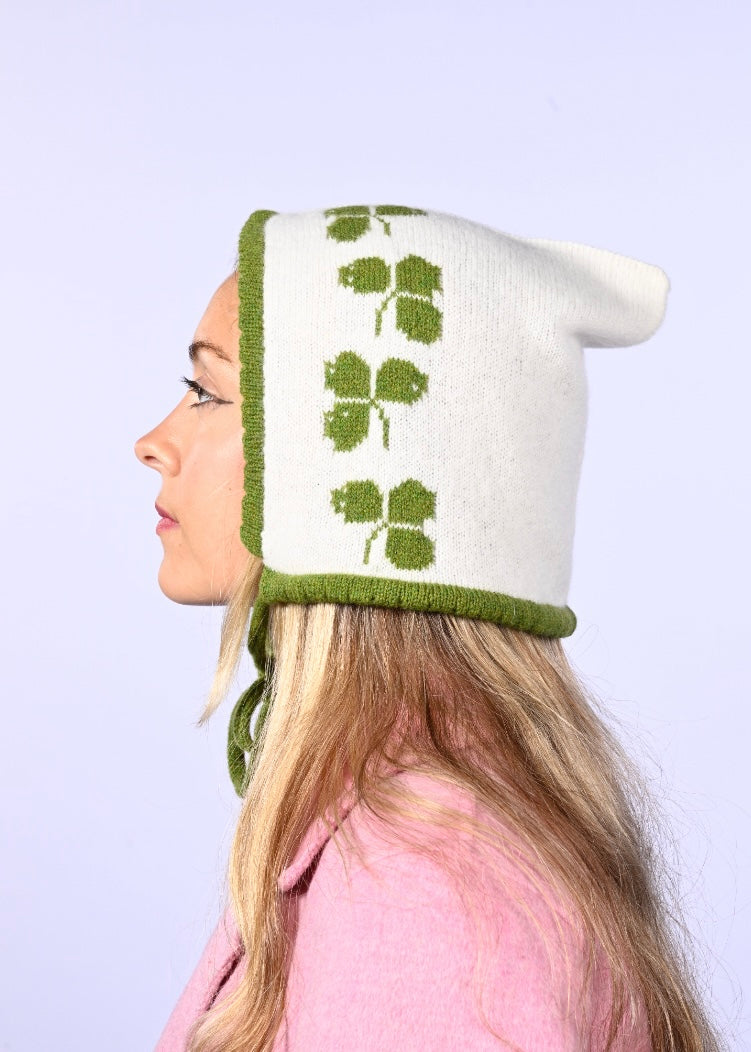 Handmade Lambswool and Cashmere Bonnet - Cream Shamrock Knit Winter Hat