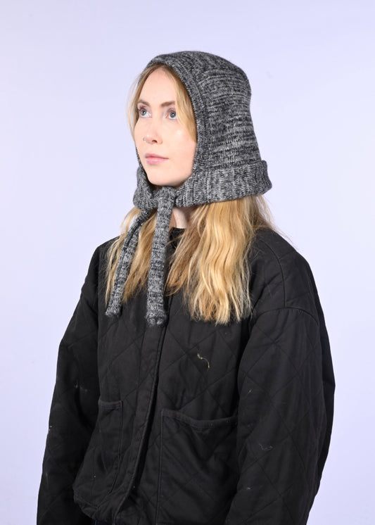 Mohair Knitted Hood - Striped Bow Bonnet in Black
