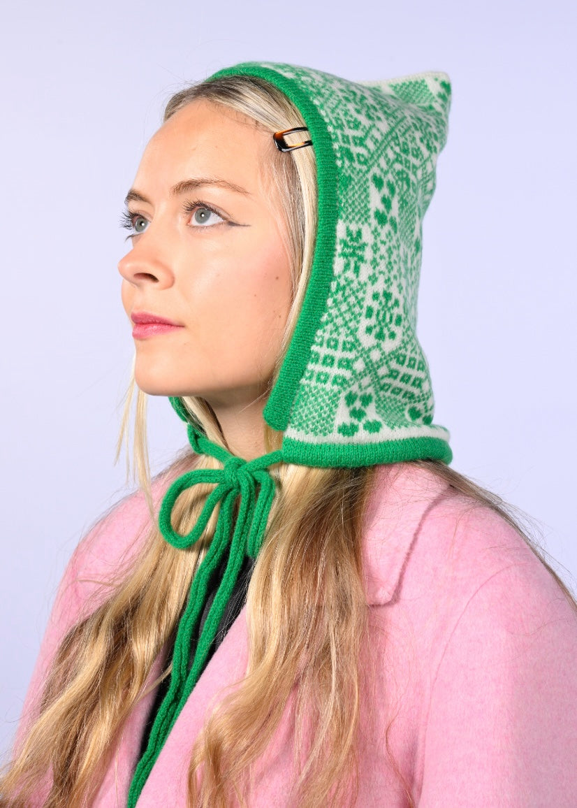 Cashmere Knitted Bonnet - The Goddess Brigid Pixie Hood in Green