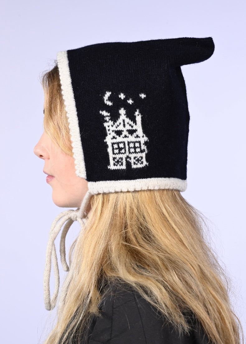 Handmade Cashmere Knitted Bonnet - “Magic Castle” Pixie Hood in Black and Cream