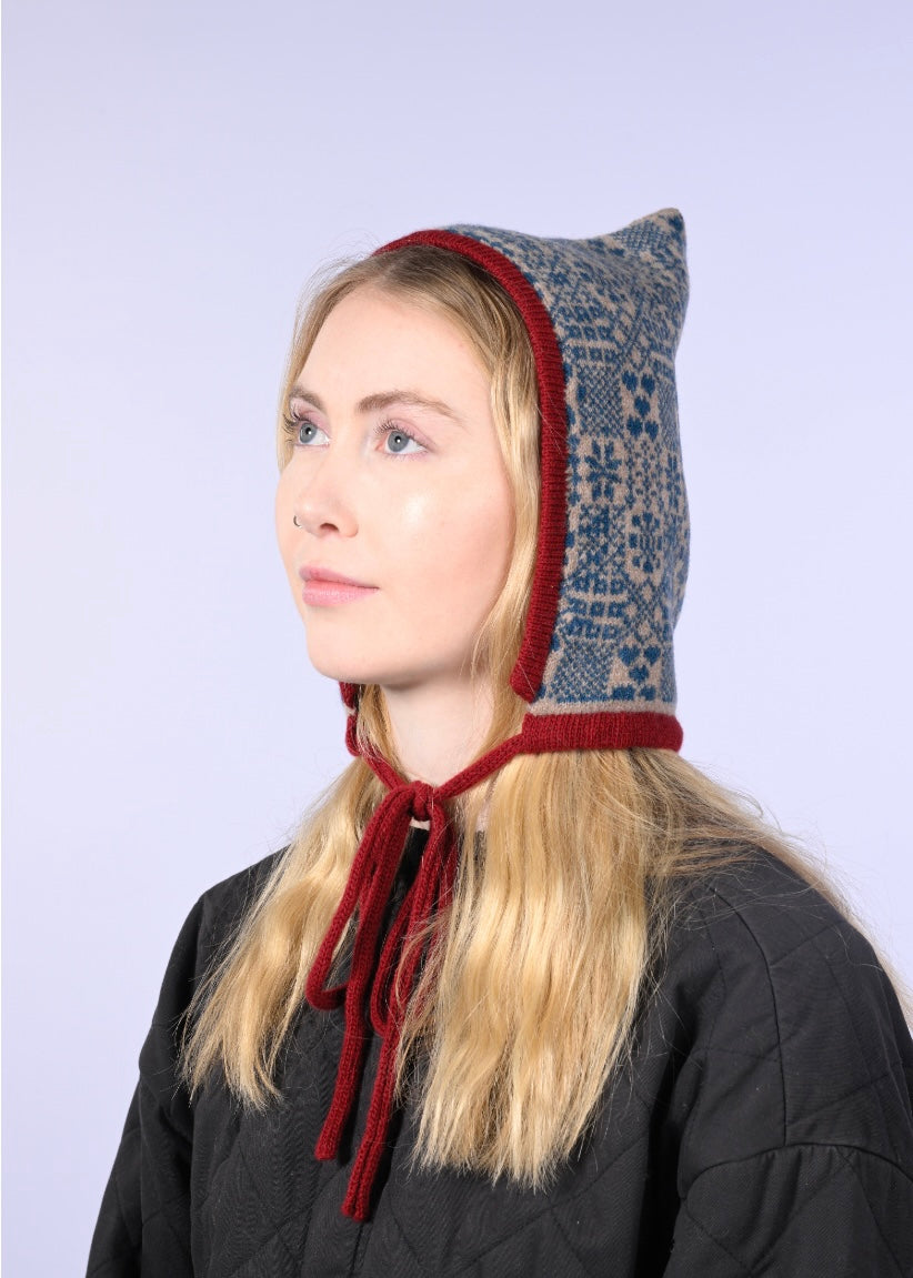 Cashmere Knitted Bonnet - The Goddess Brigid Pixie Hood in Blue