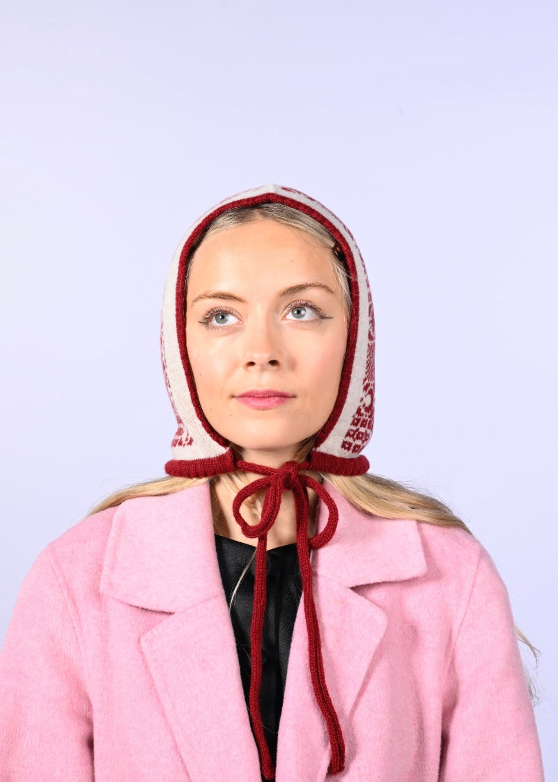 Handmade Cashmere Knitted Bonnet - “Lock and Key” Pixie Hood in Burgundy and Cream