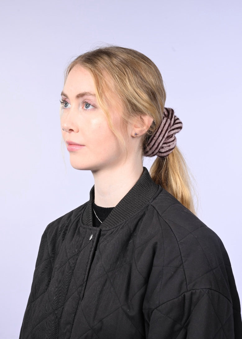 Mohair and Cashmere Knitted Scrunchie - Striped Hair Tie in Plum and Pink