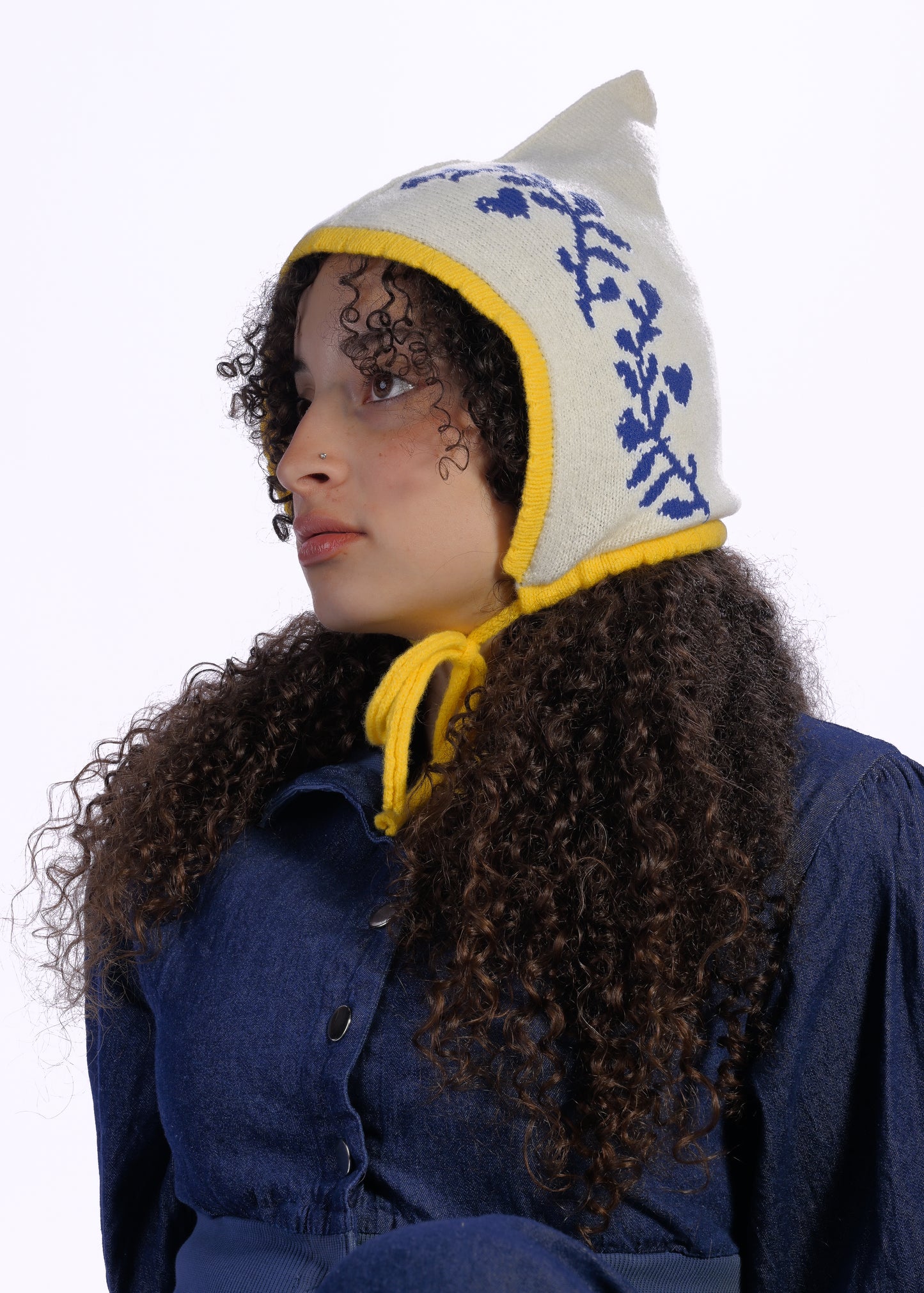 Cashmere Knit Pixie Hood, Laurel Leaf Bonnet – Handmade Blue Yellow Winter Hat