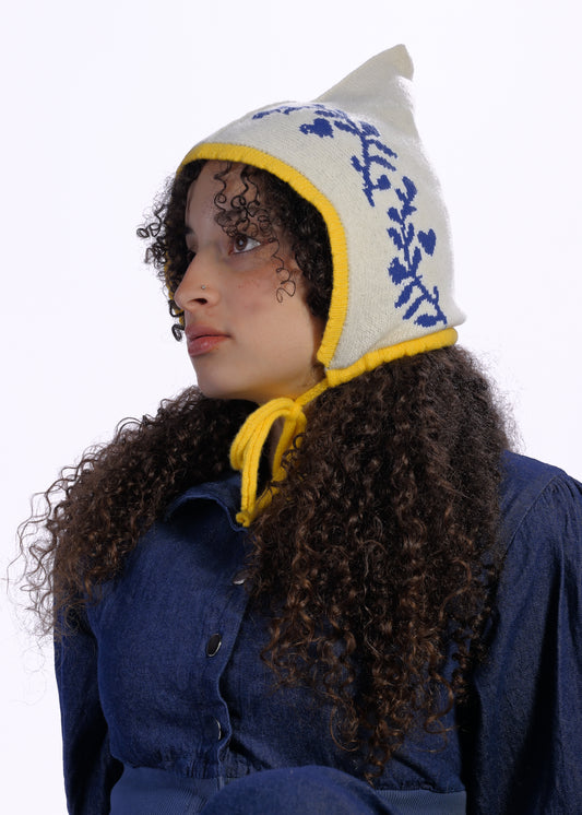 Cashmere Knit Pixie Hood, Laurel Leaf Bonnet – Handmade Blue Yellow Winter Hat