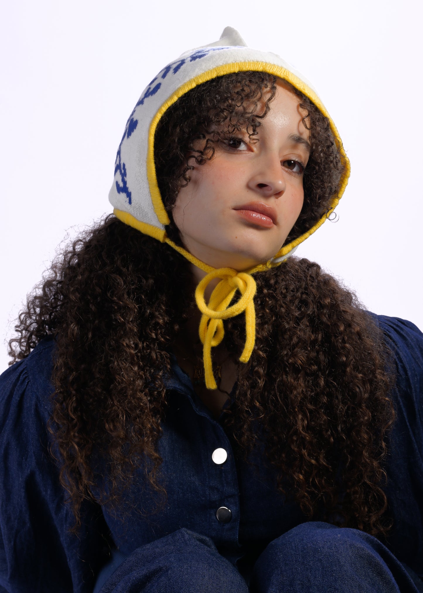 Cashmere Knit Pixie Hood, Laurel Leaf Bonnet – Handmade Blue Yellow Winter Hat
