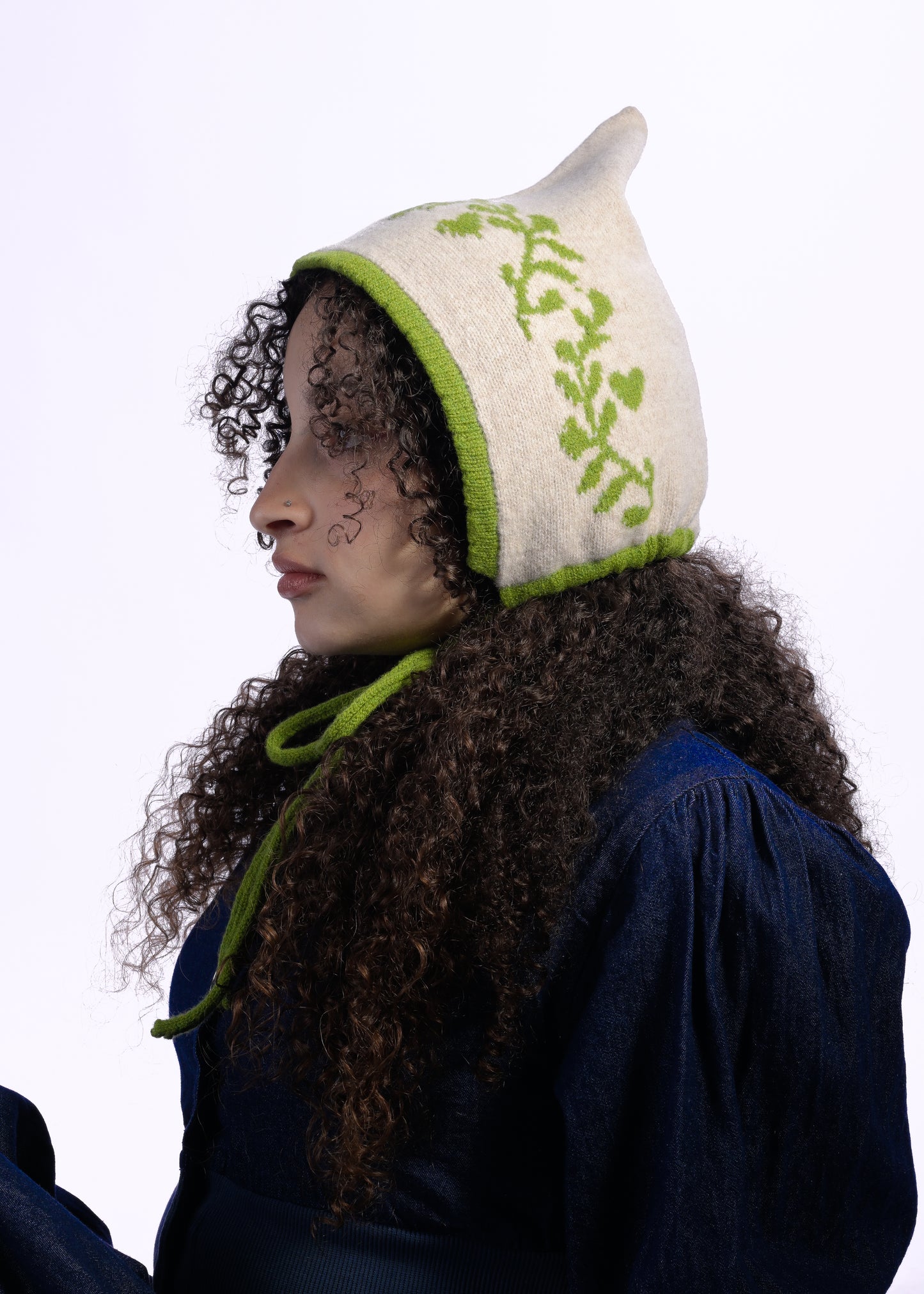 Cashmere Knit Hood, Cottage-core Pixie Bonnet – Laurel Leaf Hood, Handmade in Green and Cream