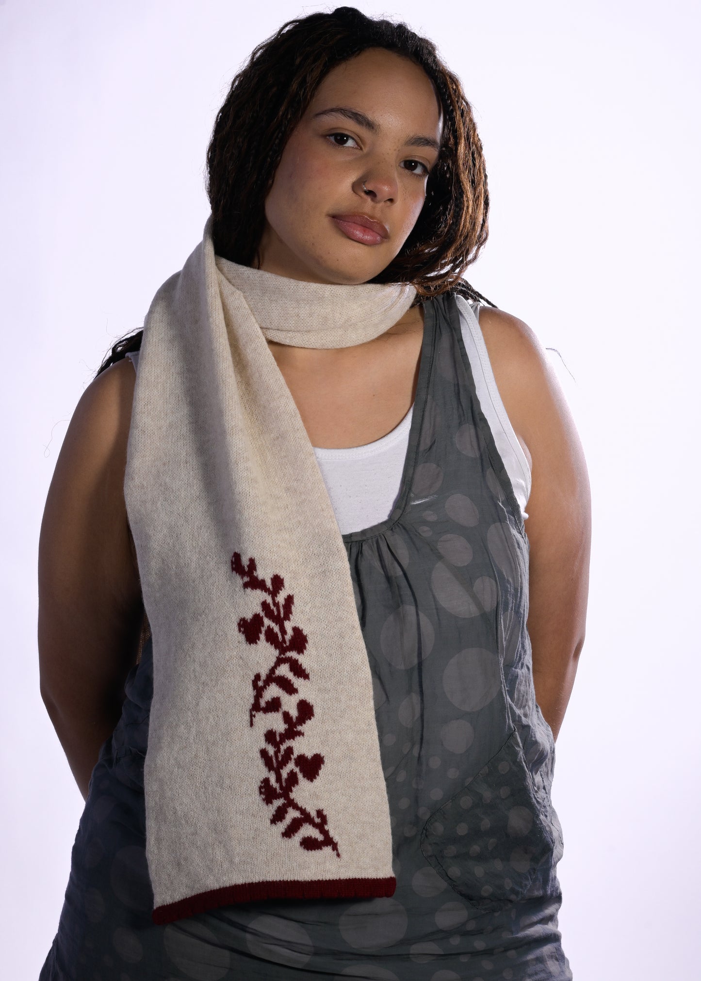 Cashmere Knit Scarf, Laurel Leaf Shawl – Handmade Burgundy Cream Wrap