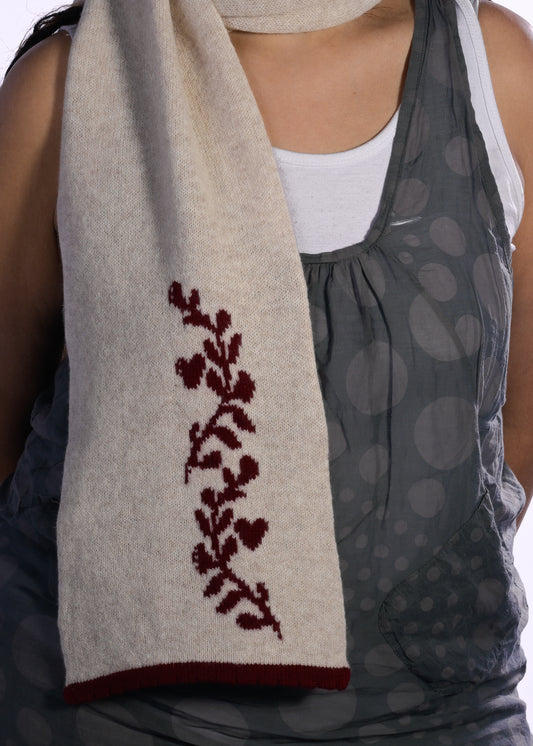Cashmere Knit Scarf, Laurel Leaf Shawl – Handmade Burgundy Cream Wrap