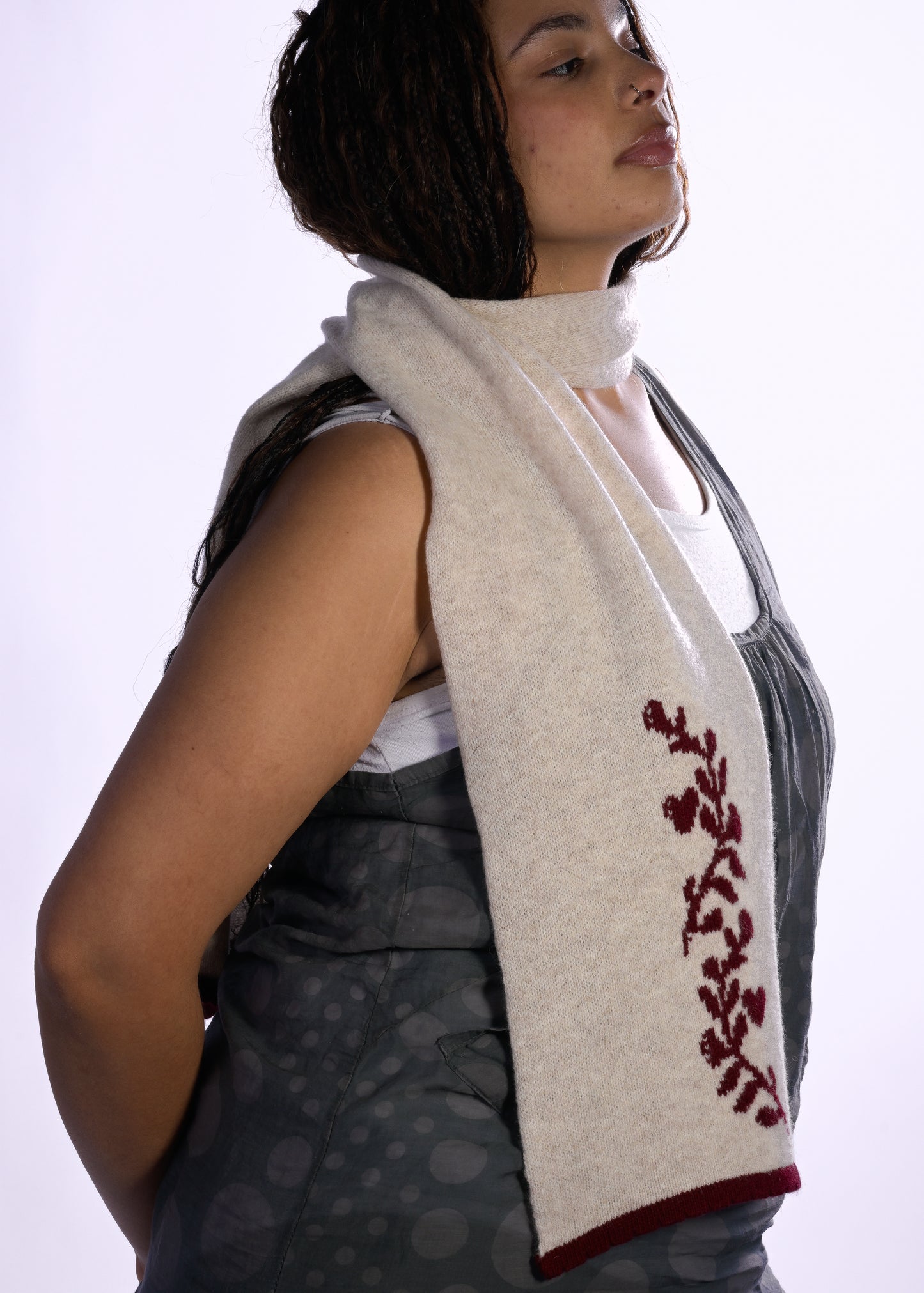 Cashmere Knit Scarf, Laurel Leaf Shawl – Handmade Burgundy Cream Wrap