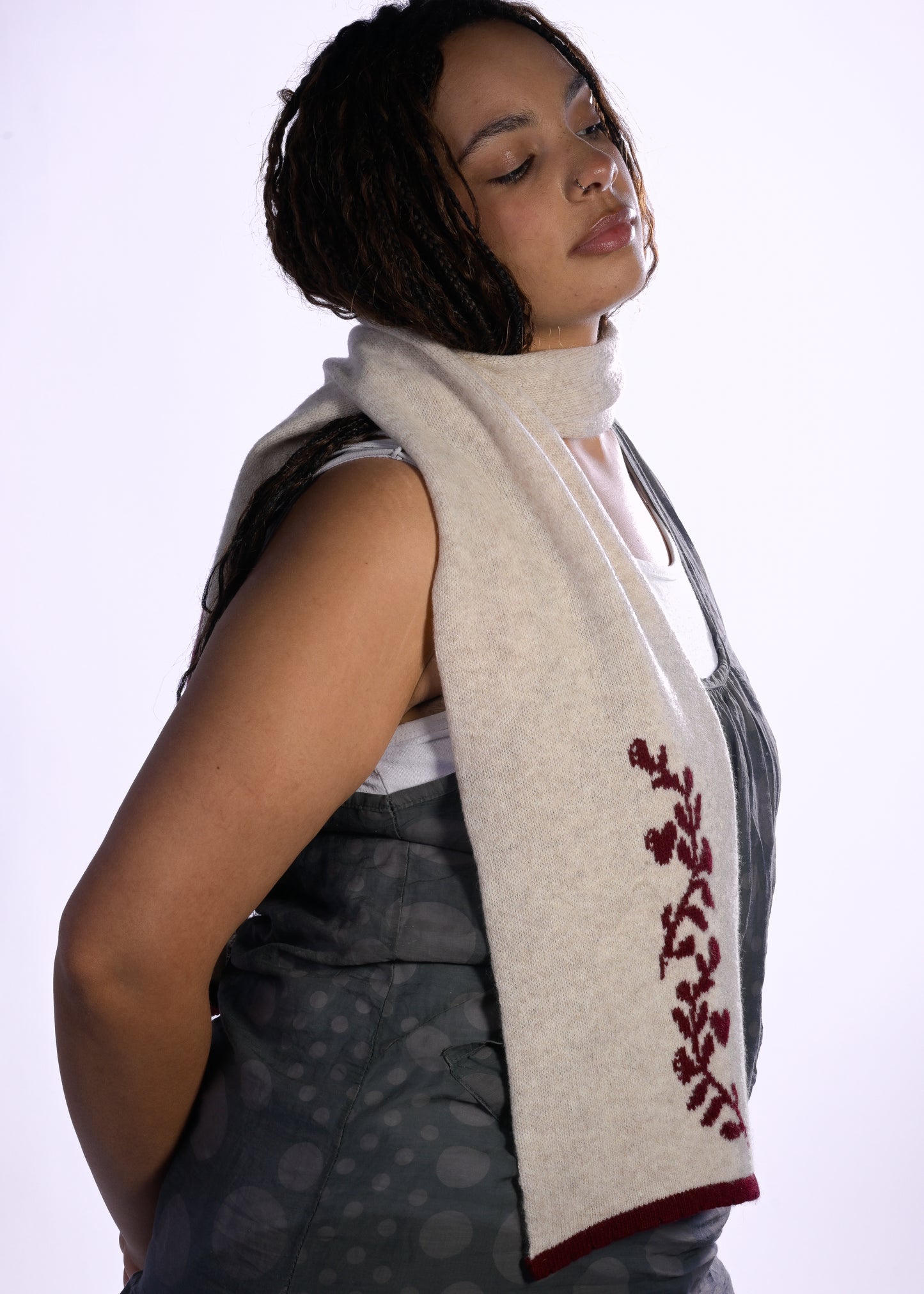 Cashmere Knit Scarf, Laurel Leaf Shawl – Handmade Burgundy Cream Wrap
