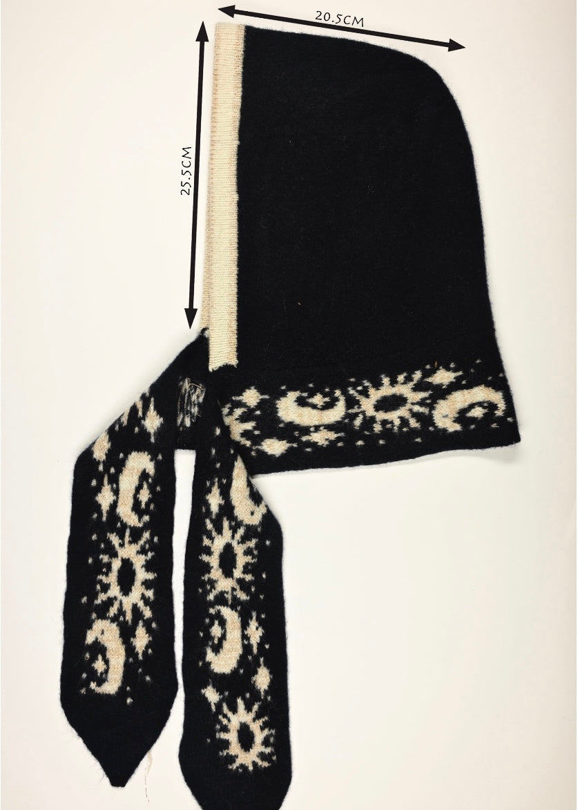 Navy and white celestial patterned scarf with measurements (25.5cm long by 20.5cm wide) on a white background