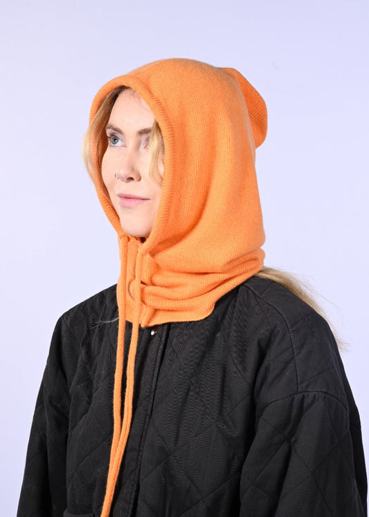 Cashmere Knitted Hood - Balaclava in Clementine