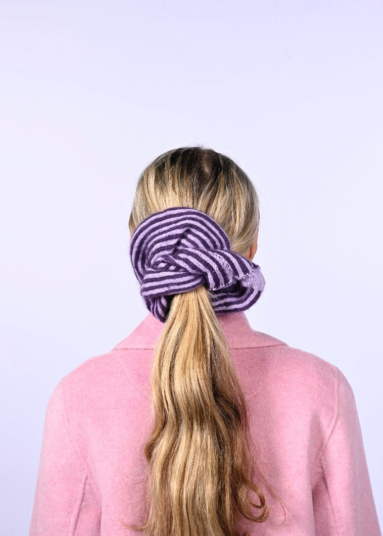 Mohair and Cashmere Knitted Scrunchie - Striped Hair Tie in Purple and Lilac