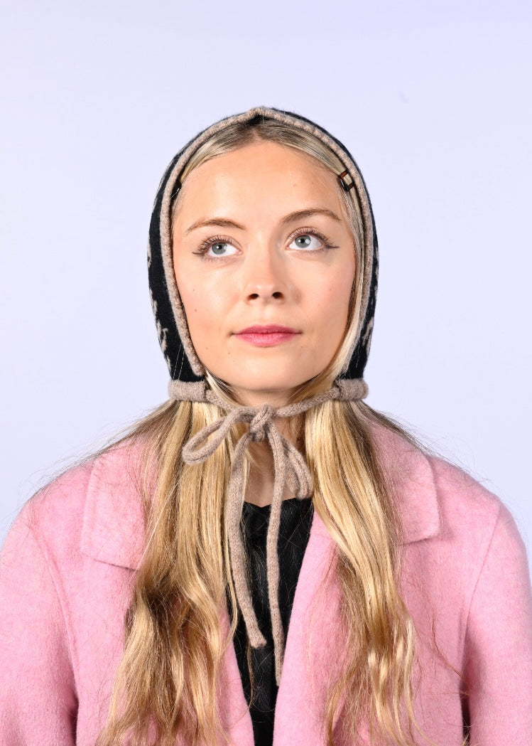 Knitted Cashmere Bonnet - “Toadstool Magic” Pixie Hood in Tan and Black