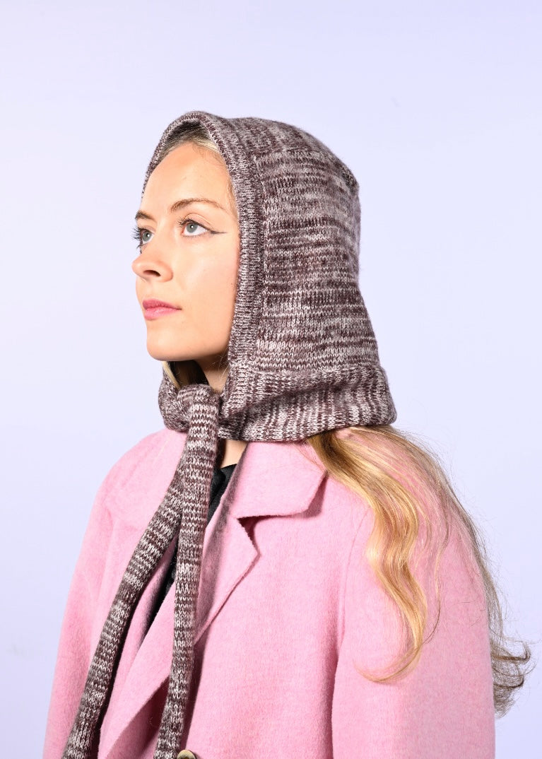 Mohair Knitted Hood - Striped Bow Bonnet in Burgundy