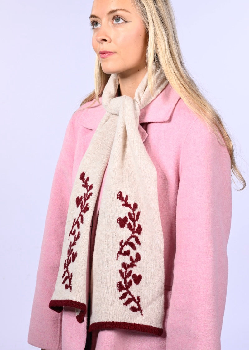 Handmade Cashmere Knitted Scarf - “Laurel Leaf” Shawl in Burgundy and Cream