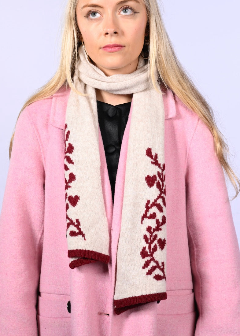 Handmade Cashmere Knitted Scarf - “Laurel Leaf” Shawl in Burgundy and Cream