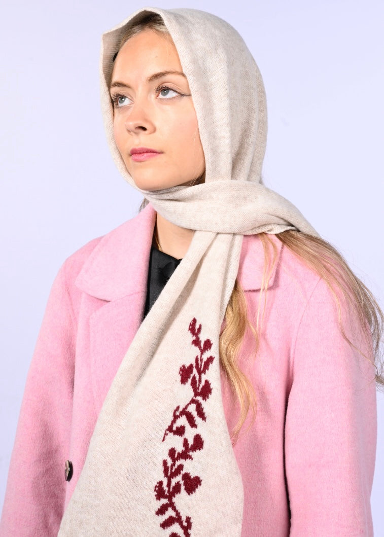 Handmade Cashmere Knitted Scarf - “Laurel Leaf” Shawl in Burgundy and Cream