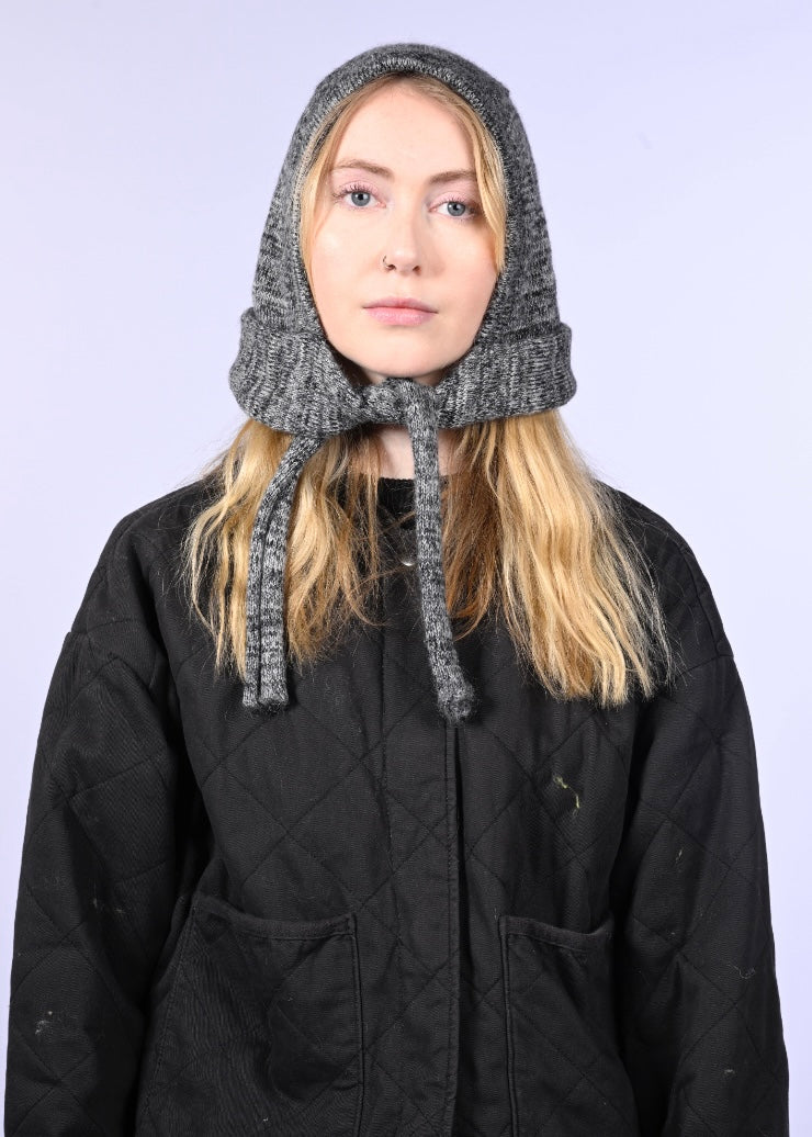 Mohair Knitted Hood - Striped Bow Bonnet in Black