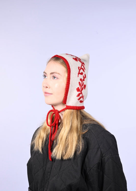 Cashmere Knitted Bonnet - Laurel leaf Pixie Hood in Red and Cream