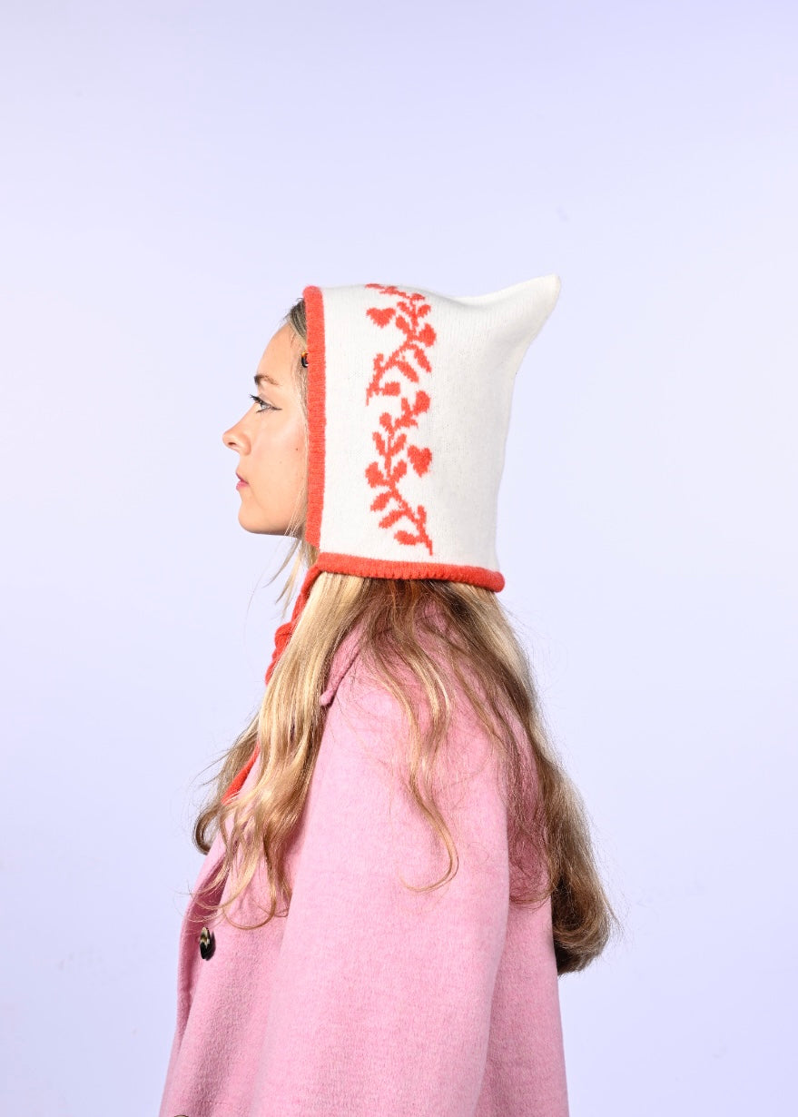 Cashmere Knitted Bonnet - Laurel leaf Pixie Hood in Orange and Cream